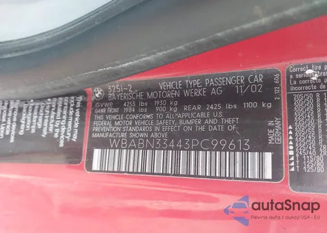 2003 BMW 325Ci из США, поврежденный, VIN WBABN33443PC99613